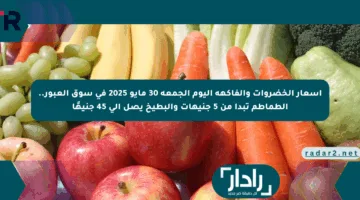 أسعار الخضروات والفاكهة اليوم الجمعة 30 مايو 2025 في سوق العبور.. الطماطم تبدأ من 5 جنيهات والبطيخ يصل إلى 45 جنيهًا